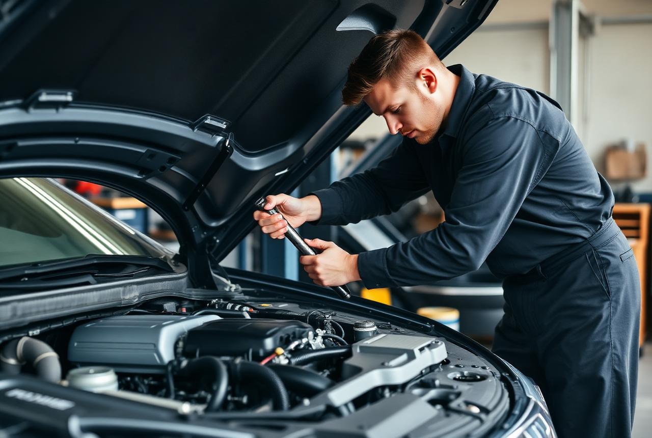 Mechanic working on an engine in a vehicle engine bay