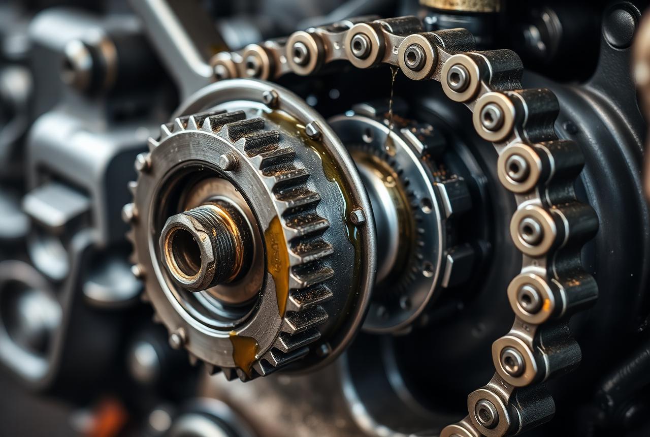 Close-up of engine timing gears and chain